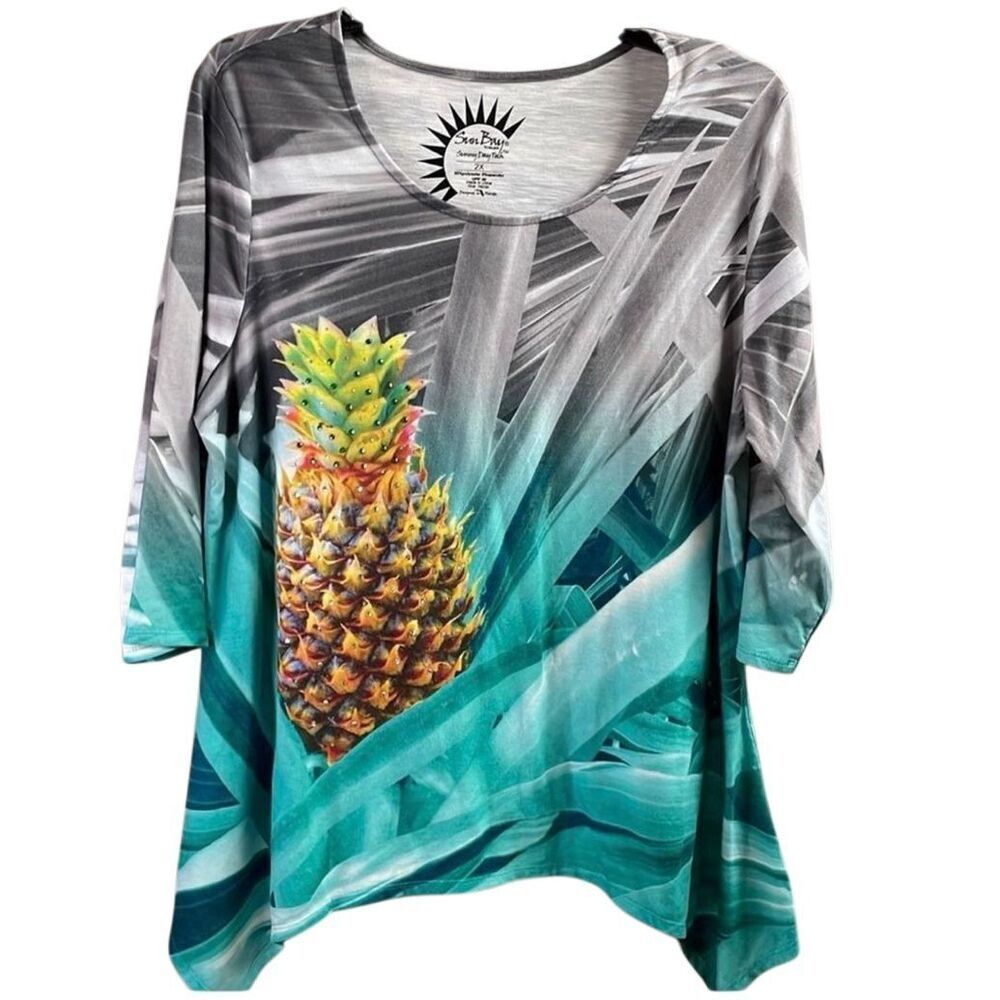 Sun Bay 2X Pineapple UPF 30 Top Tropical Coastal Resort Chic Vacation Wear